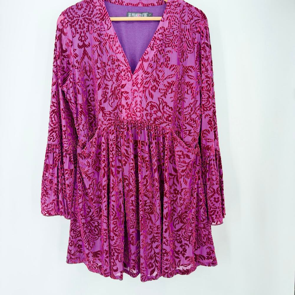 The Pyramid Collection Velvet Burnout Boho Babydoll Dress Purple Pink L - Picture 2 of 11